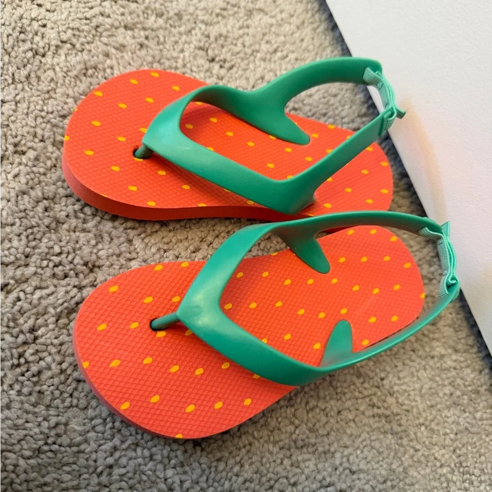 Old Navy Orange Sandals with Green Straps and Yellow Dots